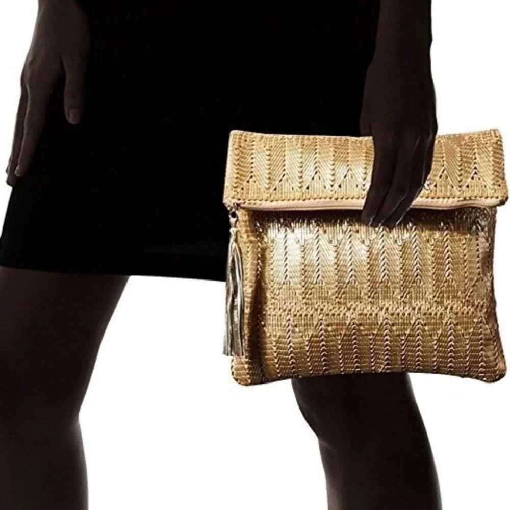 Ale By Alessandra La Pluma Gold Woven Clutch Purse Bag